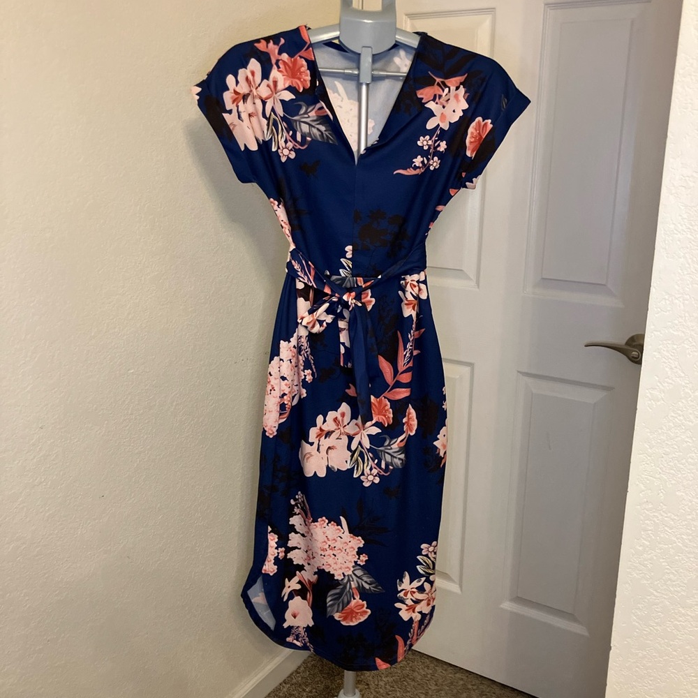 Floral Navy Dress with Tie